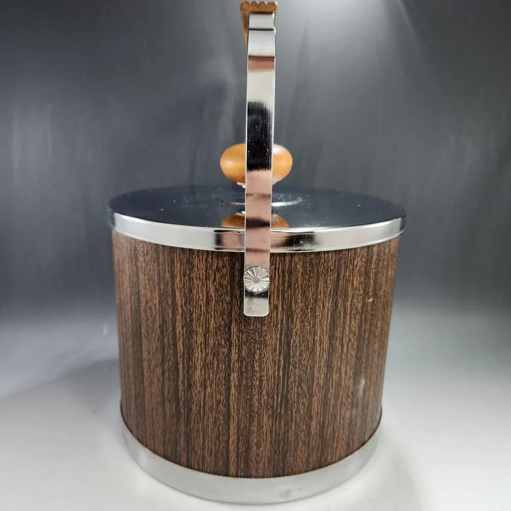 Vintage Atapco Chrome Wood Ice Bucket with Tongs – MCM Barware Liner USA